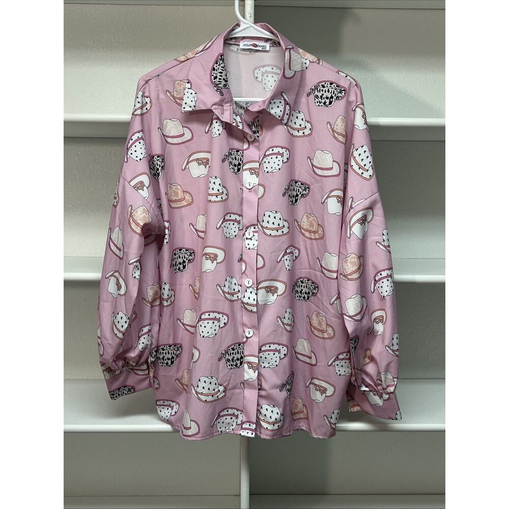 Nylon Apparel Women’s M Pink Memphis Cowgirl Hat Button Up LS Blouse